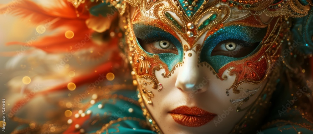 A colorful masquerade mask in bright colours on a blurred festive background with bokeh , party, Rio, Venice and Tenerife carnival concept banner poster or card design copy space A colorful masquerade mask in bright colours on a blurred festive background with bokeh , party, Rio, Venice and Tenerife carnival concept banner poster or card design copy space