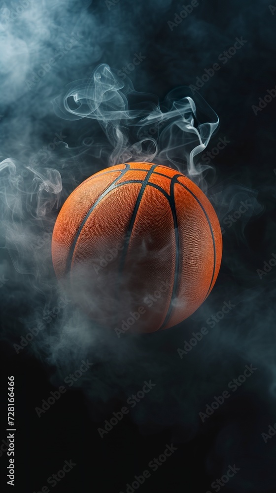 A basketball enveloped in smoke on a dark background in a mysterious and dynamic atmosphere. Basketball ball with smoke in contrast between darkness and contained energy. A basketball enveloped in smoke on a dark background in a mysterious and dynamic atmosphere. Basketball ball with smoke in contrast between darkness and contained energy.