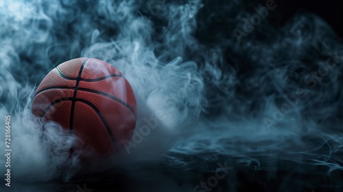 A basketball enveloped in smoke on a dark background in a mysterious and dynamic atmosphere. Basketball ball with smoke in contrast between darkness and contained energy. © Vagner Castro