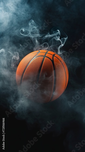 A basketball enveloped in smoke on a dark background in a mysterious and dynamic atmosphere. Basketball ball with smoke in contrast between darkness and contained energy.