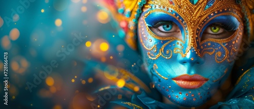 A colorful masquerade mask in bright colours on a blurred festive background with bokeh , party, Rio, Venice and Tenerife carnival concept banner poster or card design copy space © ND STOCK