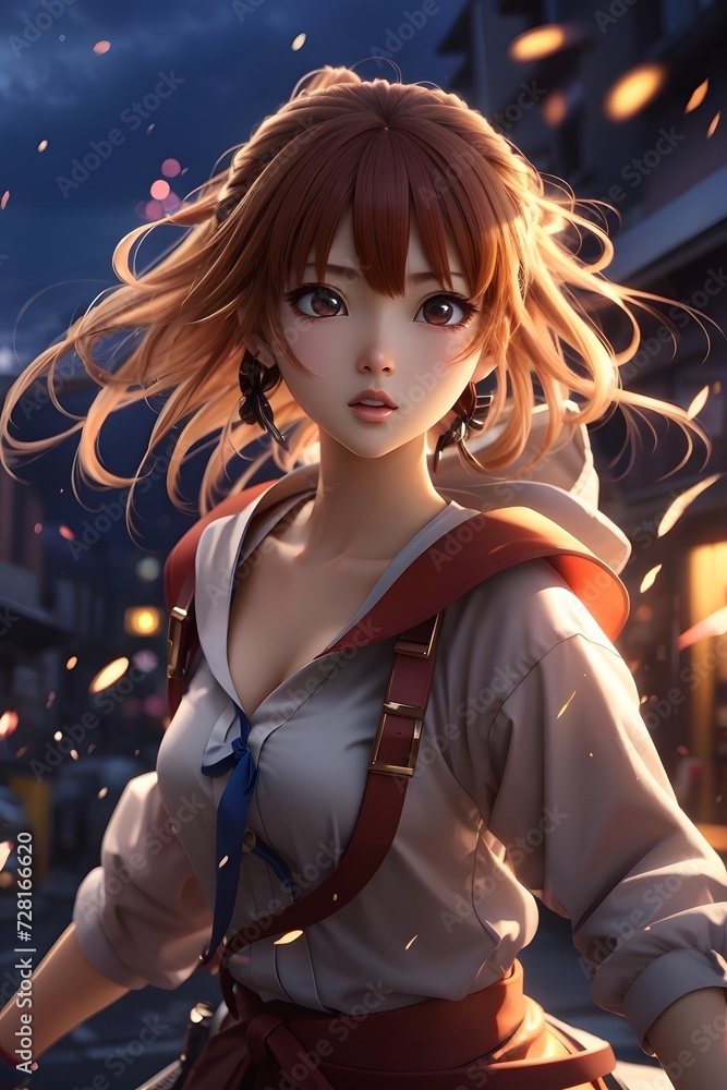 Anime Girl in Action, Fighter Anime Girl, Anime Portrait, Cute Anime Girl, AI Generative