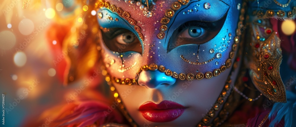 A colorful masquerade mask in bright colours on a blurred festive background with bokeh , party, Rio, Venice and Tenerife carnival concept banner poster or card design copy space A colorful masquerade mask in bright colours on a blurred festive background with bokeh , party, Rio, Venice and Tenerife carnival concept banner poster or card design copy space