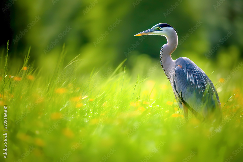 Great blue heron standing in a sunlit field, with a soft-focus green background. Great blue heron standing in a sunlit field, with a soft-focus green background.