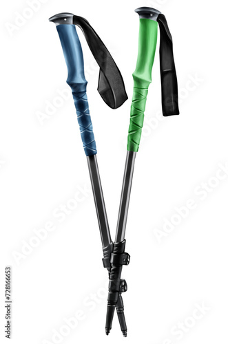 Hand drawn watercolor of trekking poles Isolated on transparent background.