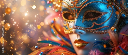 A colorful masquerade mask in bright colours on a blurred festive background with bokeh , party, Rio, Venice and Tenerife carnival concept banner poster or card design copy space