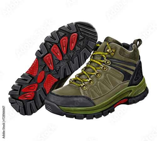 Hand drawn watercolor of hiking shoes Isolated on transparent background.