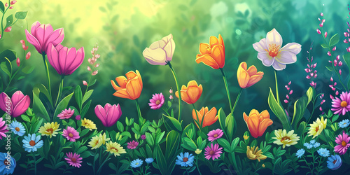 Spring Flowers: A Vector Illustration of Blooming Flowers in a Garden, Showcasing the Beauty of Spring Blossoms