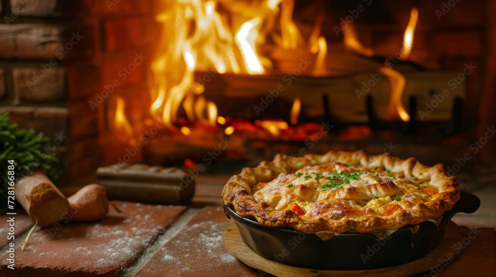 Nestled in a cozy brick fireplace a savory chicken pot pie awaits its ery crust glistening in the warm glow of the fire.