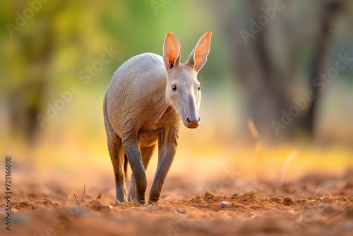 Aardvark walking in a warm, golden light with a soft-focus background. photo