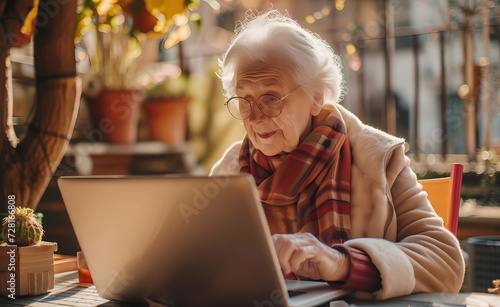 a senior woman is using a laptop on a sunny patio