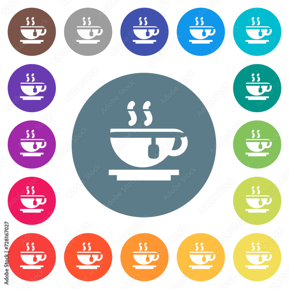 Cup of tea flat white icons on round color backgrounds