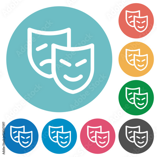 Comedy and tragedy theatrical masks outline flat round icons