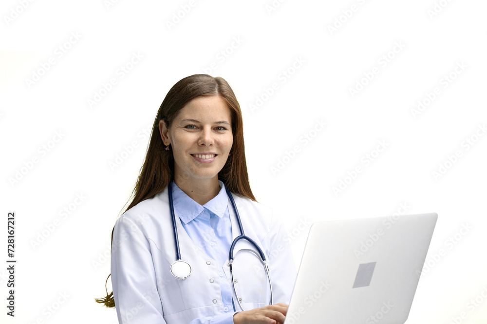 Female doctor, close-up, on a white background, with a laptop Female doctor, close-up, on a white background, with a laptop
