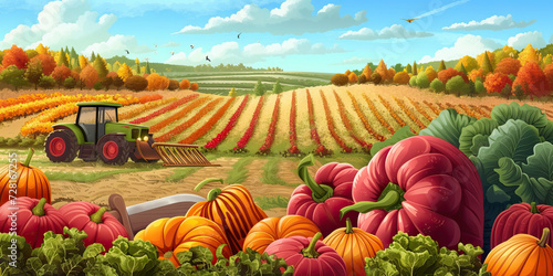 Spring Harvest: A Vector Illustration of Freshly Harvested Produce and Farming Tools, Representing Spring Agriculture