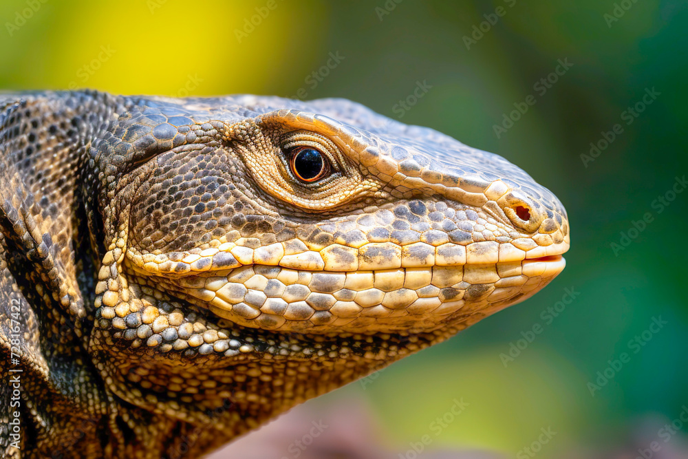 Close-up of a bearded dragon lizard on a log with a blurred green background. Close-up of a bearded dragon lizard on a log with a blurred green background.