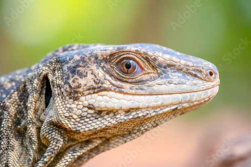 Close-up of a bearded dragon lizard on a log with a blurred green background.