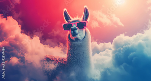 an llama in the clouds with sunglasses photo