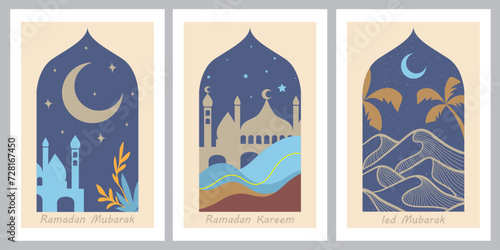 Vector collection of oriental style Islamic mosques with modern boho design, moon, mosque domes and lanterns.Ramadan kareem