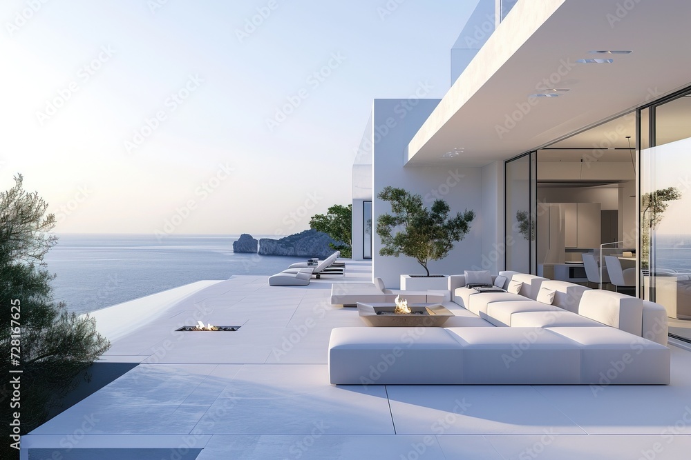 Luxury apartment terrace Santorini Interior of modern living room sofa or couch with beautiful sea view Luxury apartment terrace Santorini Interior of modern living room sofa or couch with beautiful sea view