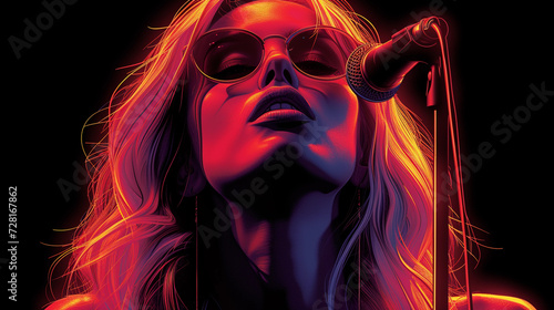 A woman is singing with a microphone. Vivid graphic illustration on a dark background. 