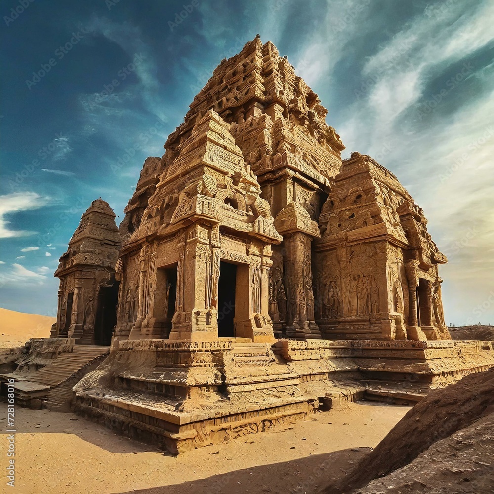 Naklejka premium An ancient desert temple with intricate carvings that come to life when touched