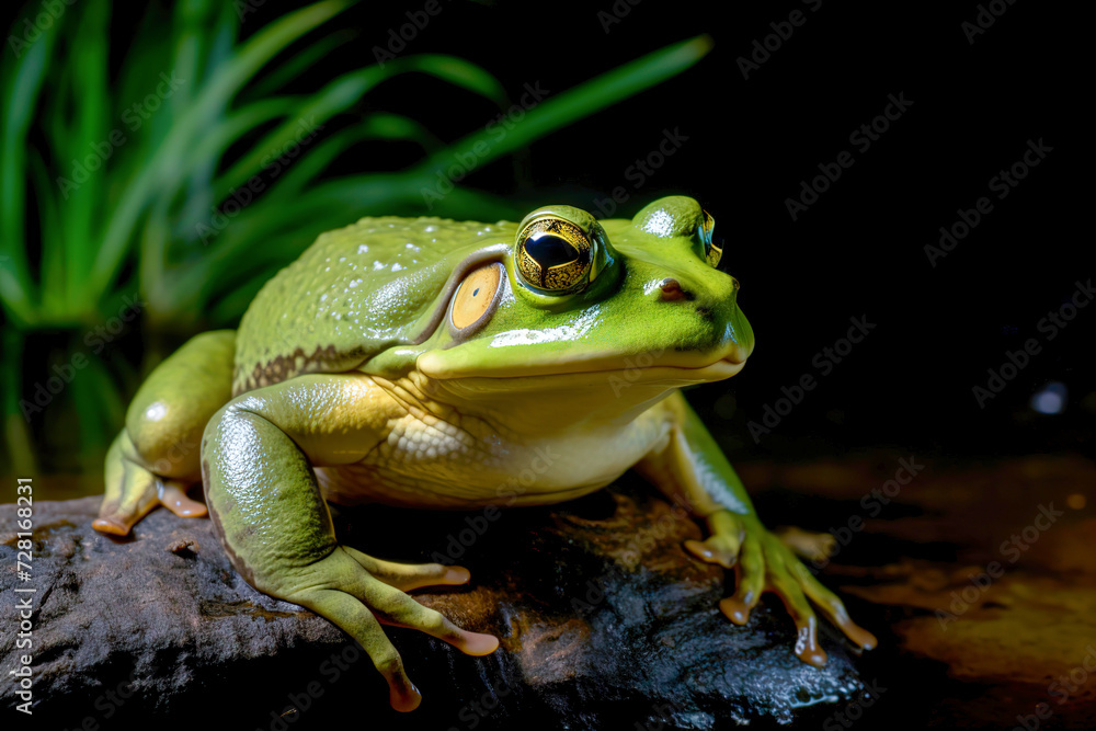 Fototapeta premium Close-up of a vibrant green tree African Bullfrog isolated on a black background, showcasing its glossy skin and detailed texture.