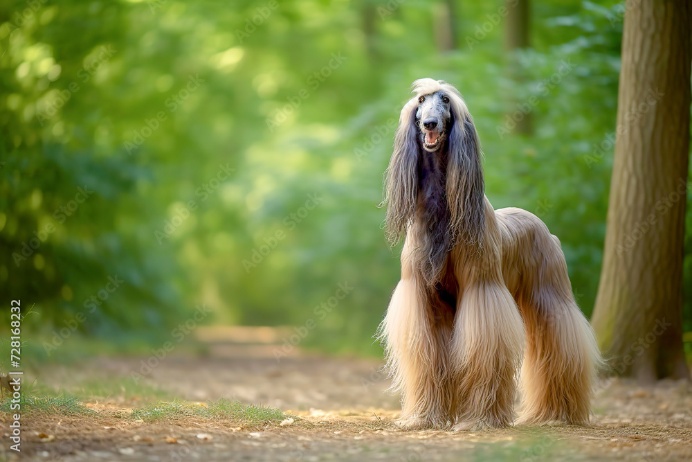 Majestic Afghan Hound standing in autumn park with golden leaves background. Majestic Afghan Hound standing in autumn park with golden leaves background.