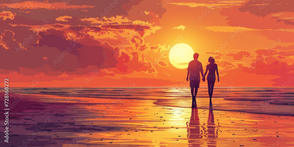 Summer Romance: A Vector Illustration of a Romantic Couple Enjoying a Sunset Walk on the Beach, Capturing the Romance of Summer