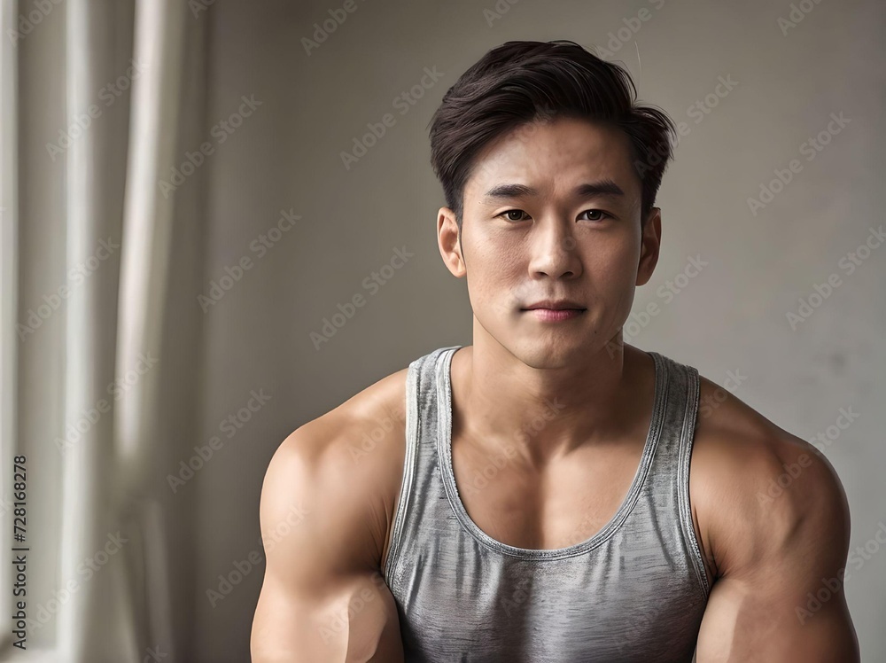 Cute and Handsome Asian Muscle Guy with Tank Top in A Room Sitting Down Portrait Cute and Handsome Asian Muscle Guy with Tank Top in A Room Sitting Down Portrait