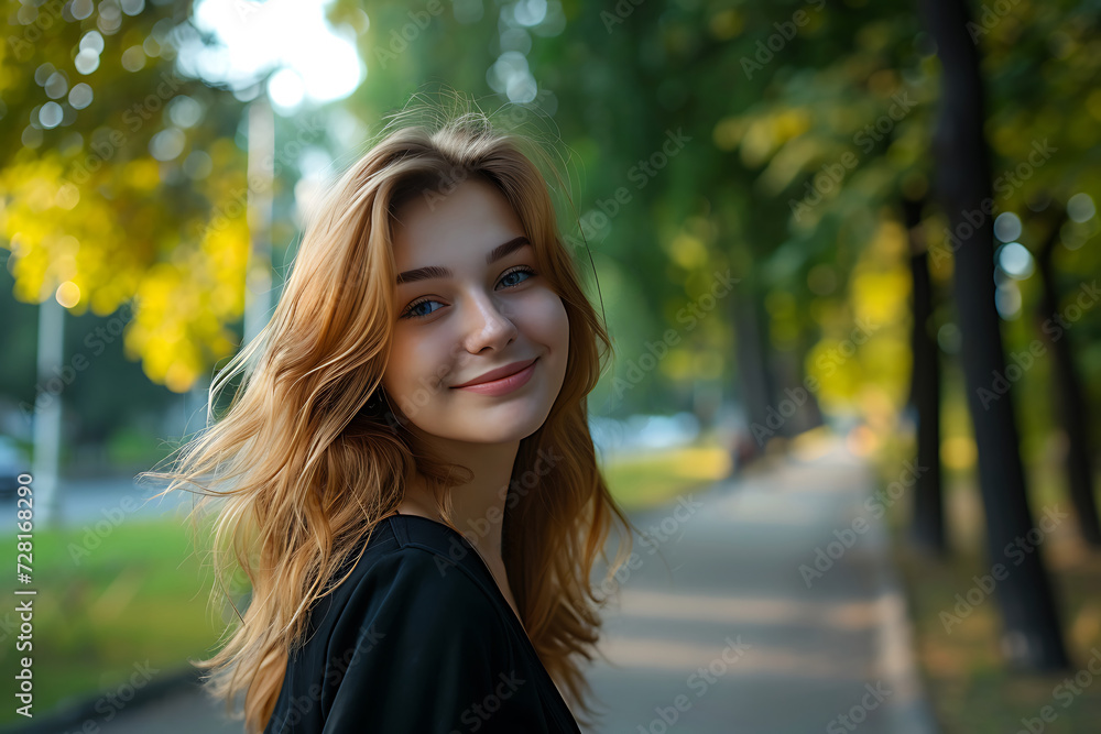 portrait of young fashionable woman smiling in the background of the park in autumn time portrait of young fashionable woman smiling in the background of the park in autumn time