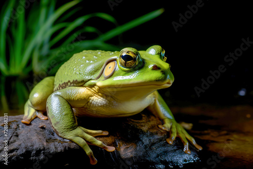 Close-up of a vibrant green tree African Bullfrog isolated on a black background, showcasing its glossy skin and detailed texture.