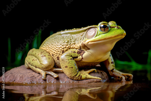 Close-up of a vibrant green tree African Bullfrog isolated on a black background  showcasing its glossy skin and detailed texture.