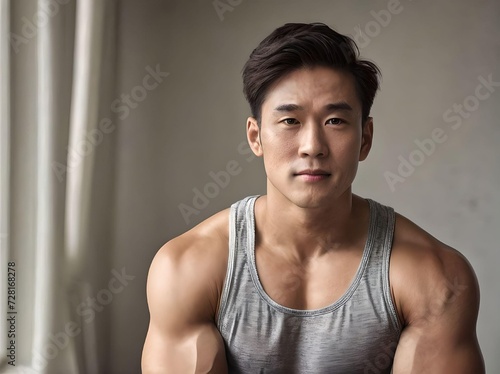 Cute and Handsome Asian Muscle Guy with Tank Top in A Room Sitting Down Portrait