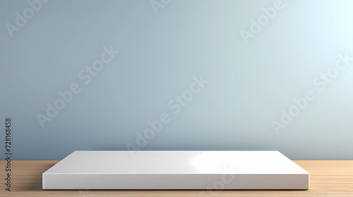 Empty white table top and blue wall for product display mock up background, template