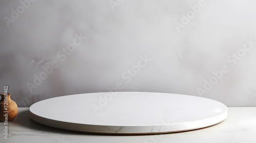 Empty white table top and white wall for product display mock up background, template