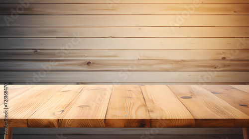 Empty wood table top and wood wall for product display mock up background, template