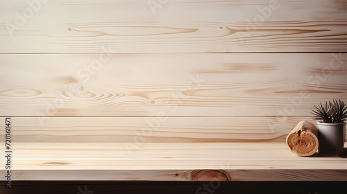 Empty wood table top and wood wall for product display mock up background, template