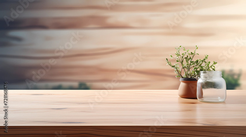 Empty wood table top and wood wall for product display mock up background, template,
