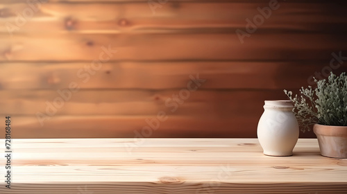 Empty wood table top and wood wall for product display mock up background, template