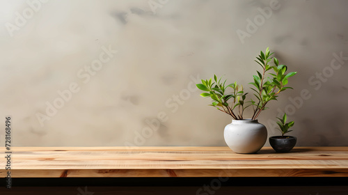 Empty wood table top and grey wall for product display mock up background, template