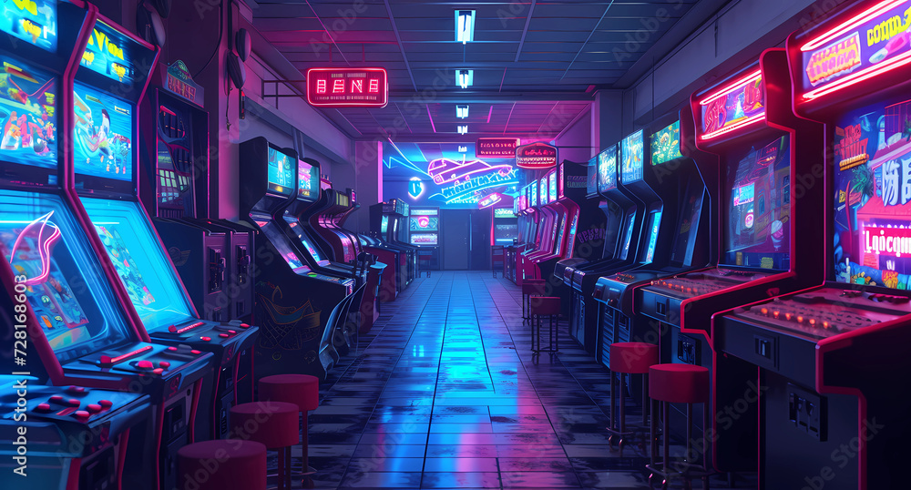 an arcade room with many neon lights