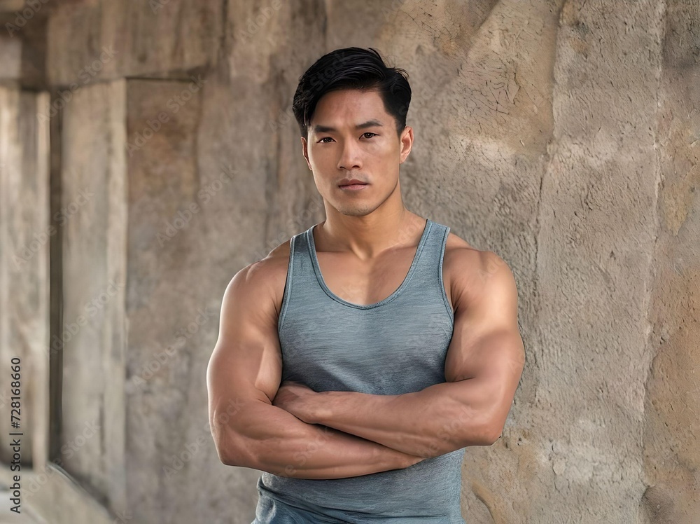 Mid Adult Handsome Asian Muscular Guy in Tank Top Crossing Arms while Looking at Camera Portrait Mid Adult Handsome Asian Muscular Guy in Tank Top Crossing Arms while Looking at Camera Portrait