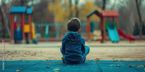Lonely Child: Boy Sitting Alone on School Playground, Looking Distressed and Isolated. photo