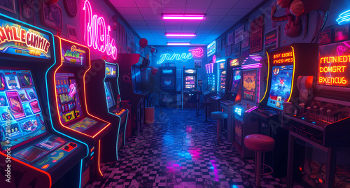 an arcade room with many neon lights