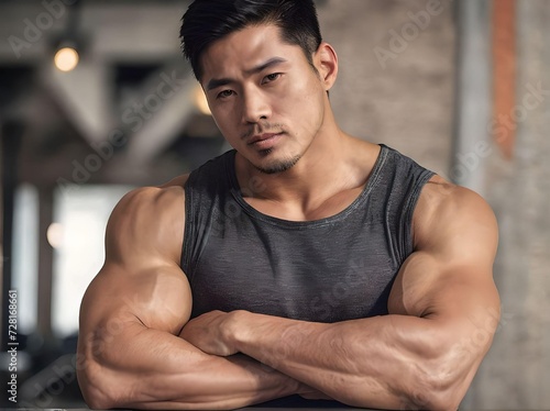 Muscular Big Asian Bodybuilder Portrait Crossing Arms Looking at Camera Wearing Black Tank Top