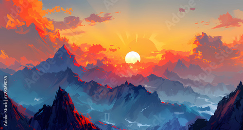 a beautiful sunset over mountain range © Sticker Me