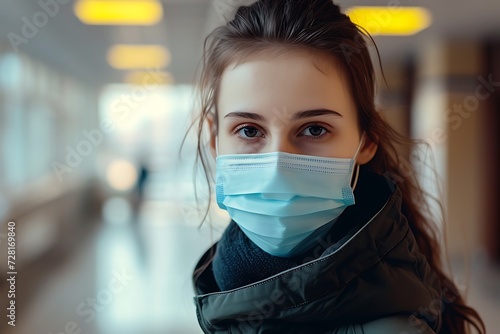 portrait of a young woman in a medical mask against the background of a hospital looking at the camera