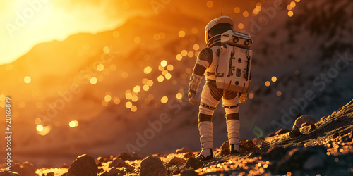 Futuristic Space Explorer: Astronaut in High-Tech Space Suit Exploring Alien Terrain on Distant Planet