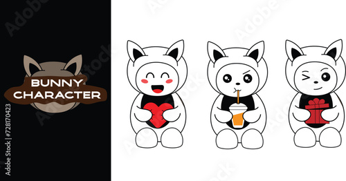 Cute rabbit character with various expressions. Cute bunny character holding gift, heart, drink. Editable character color 